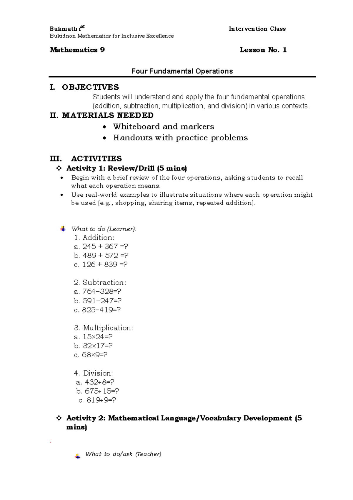 1.1Four Fundamental operations - Bukidnon Mathematics for Inclusive ...