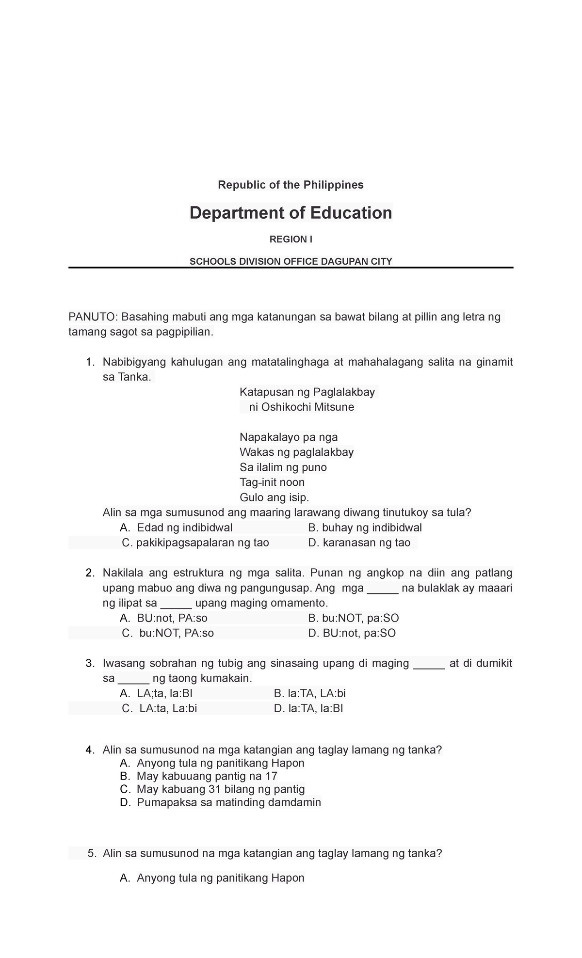 2nd Quarter Test Filipino 9 - Republic Of The Philippines Department Of ...