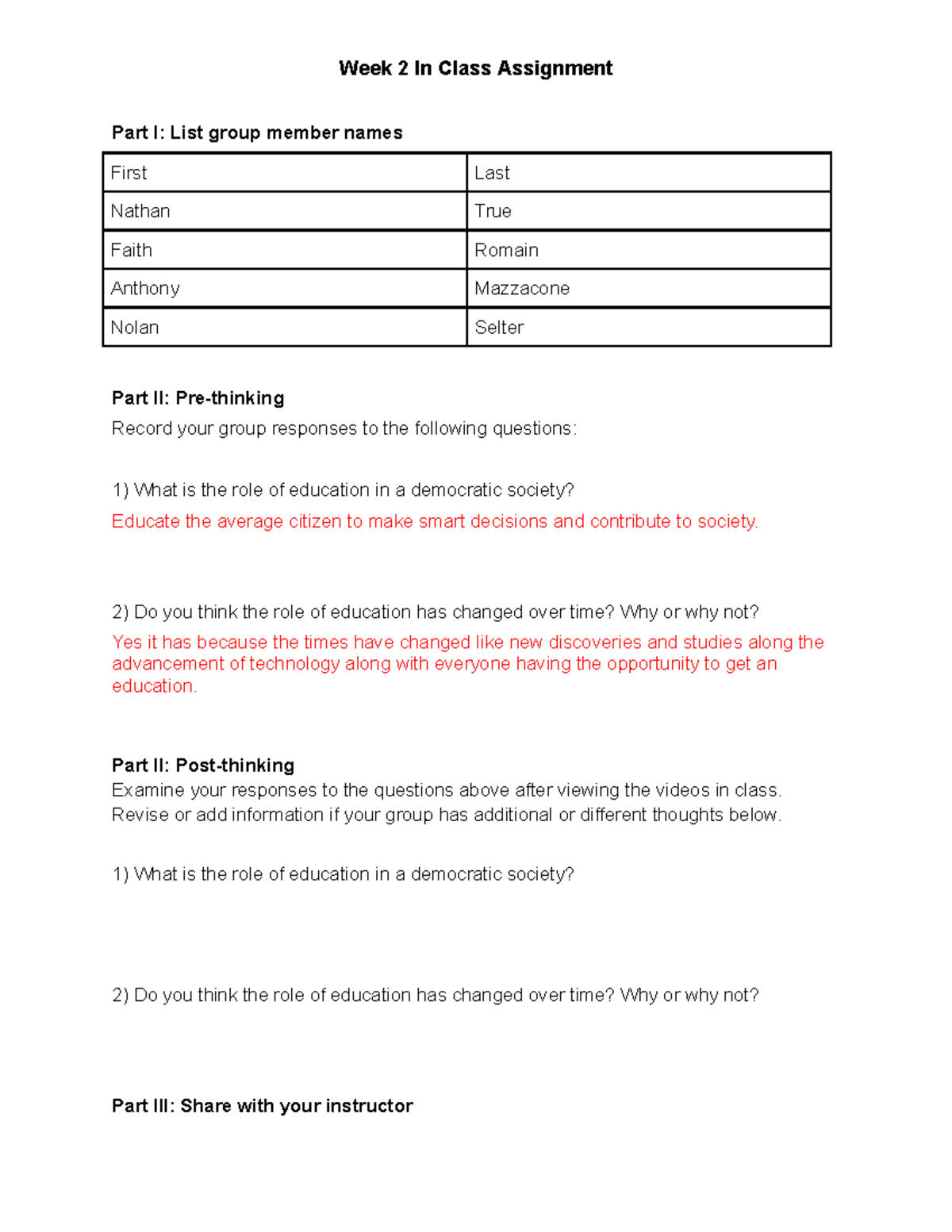 Week 2 In Class Assignment - Week 2 In Class Assignment Part I: List ...