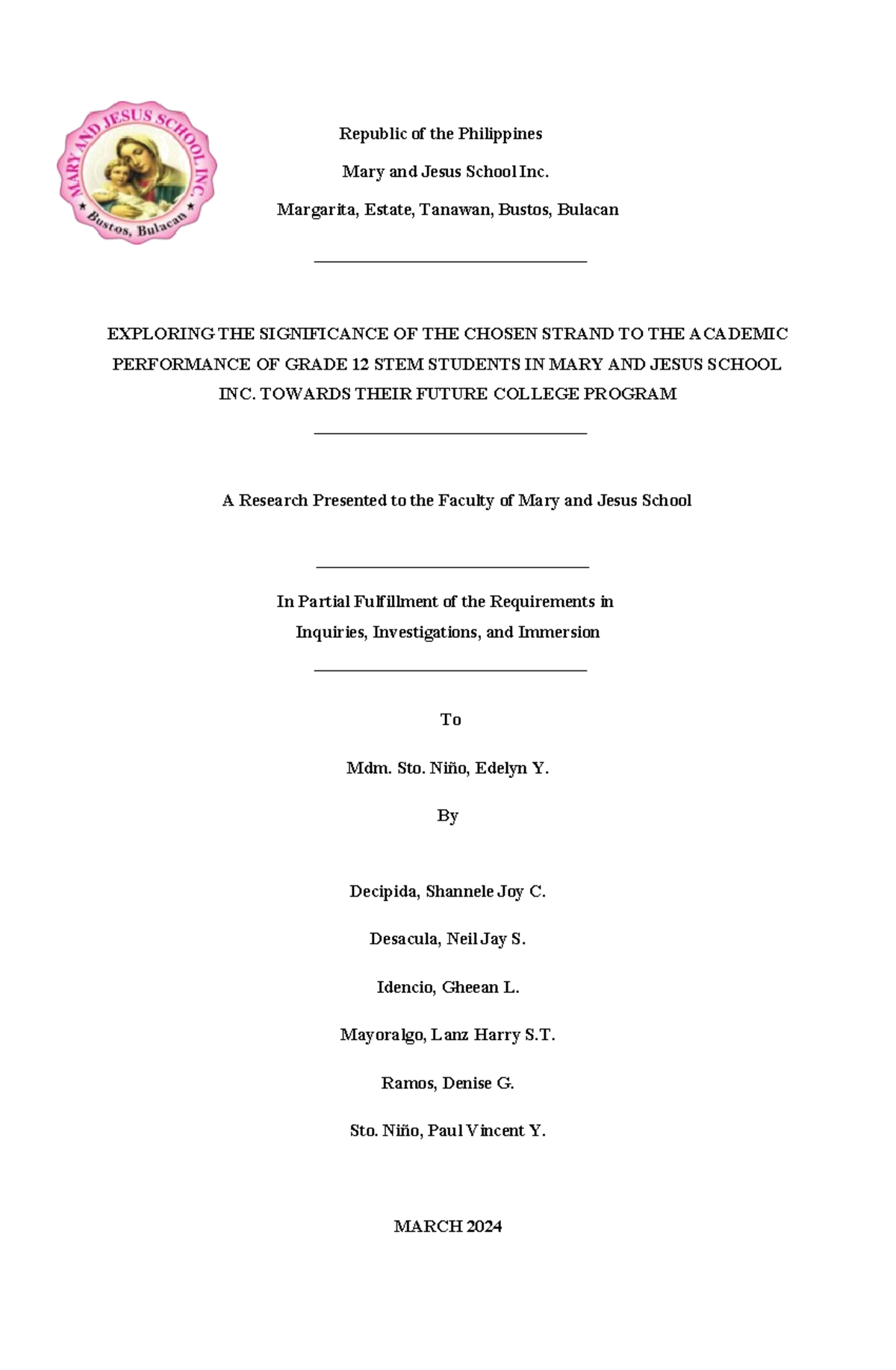 OUR Final Research Paper 1 1 - Statement of the problem Mary and Jesus ...