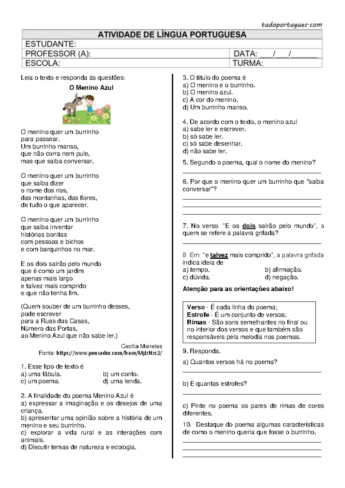 Atividade Poema 4º ANO C - 20 Xerox - Leia o texto e responda às ...