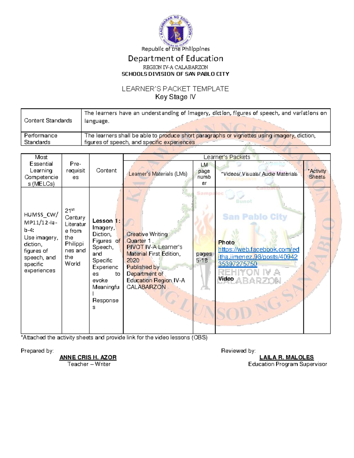 Creative Writing 1STQ Learners Packet LAS - Department of Education ...