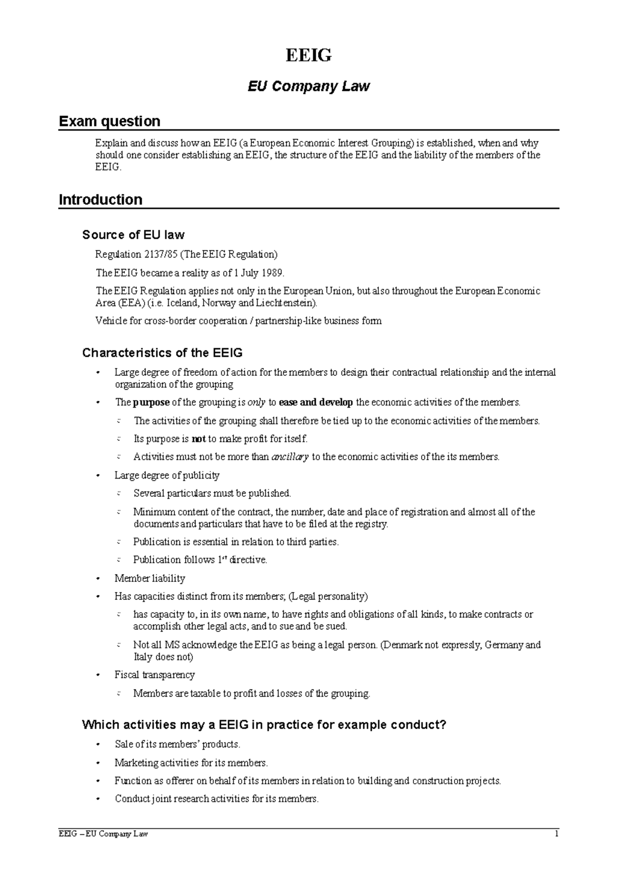 5 - EEIG - Noter - EEIG EU Company Law Exam question Explain and ...
