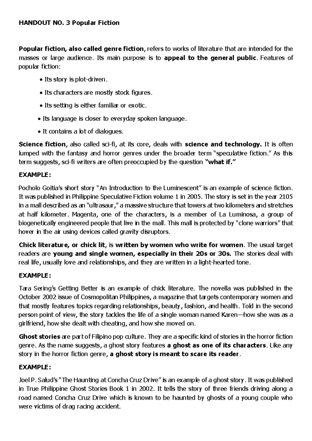 21st century literature - HANDOUT NO. 3 Popular Fiction Popular fiction ...