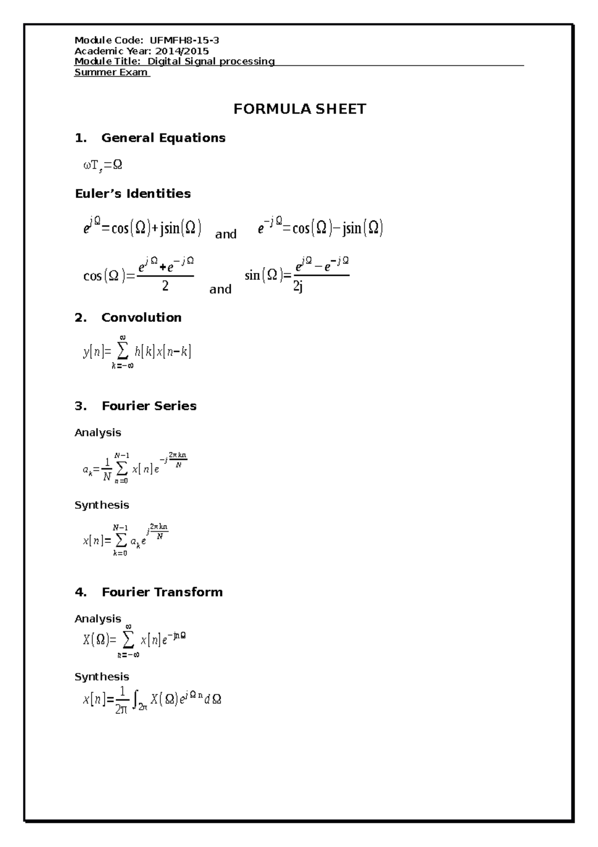 2014-2015 Exam Formula Sheet - Module Code: UFMFH8-15-3 Academic Year ...