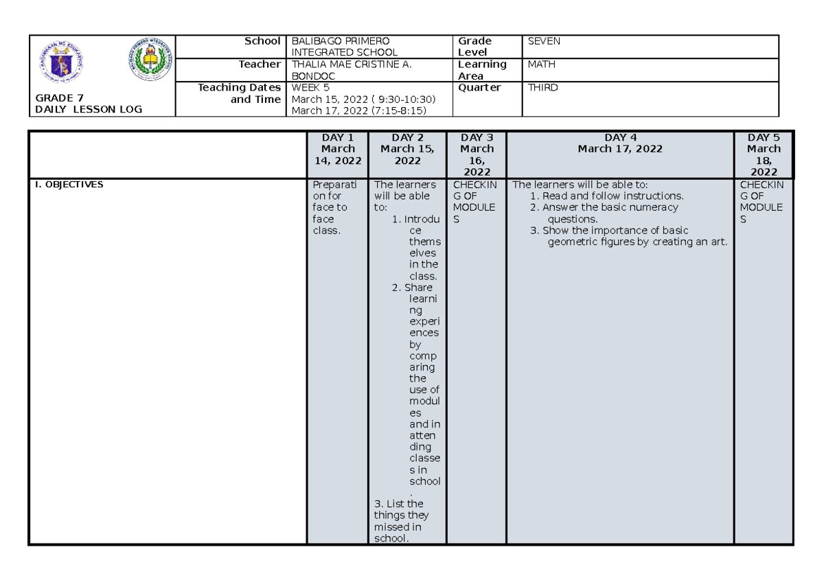 Daily lesson log-FOR- Third-Q3-WK5 F2F 21-22 - Fundamentals of ...