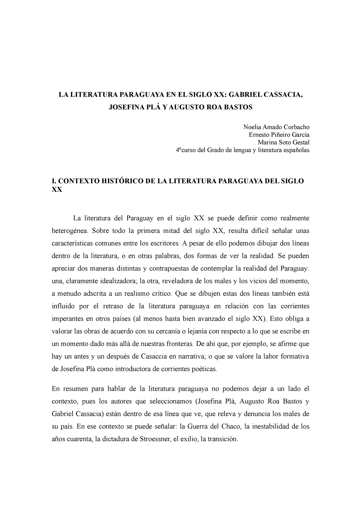 Literatura Paraguaya Del Xx La Literatura Paraguaya En El Siglo Xx Gabriel Cassacia Josefina 2098