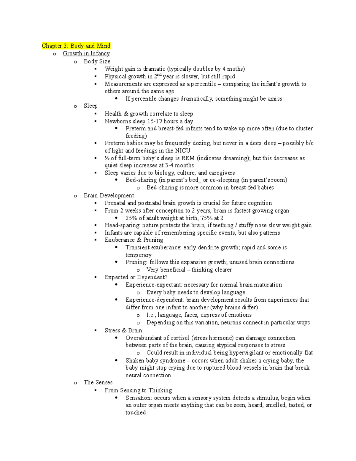 3 and 4 - Chapters 3 and 4 Notes - Chapter 3: Body and Mind o Growth in ...