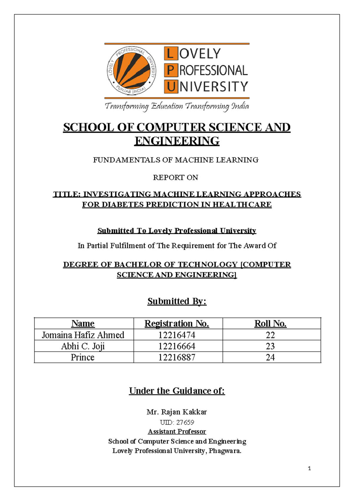 Report ON ML final - SCHOOL OF COMPUTER SCIENCE AND ENGINEERING ...