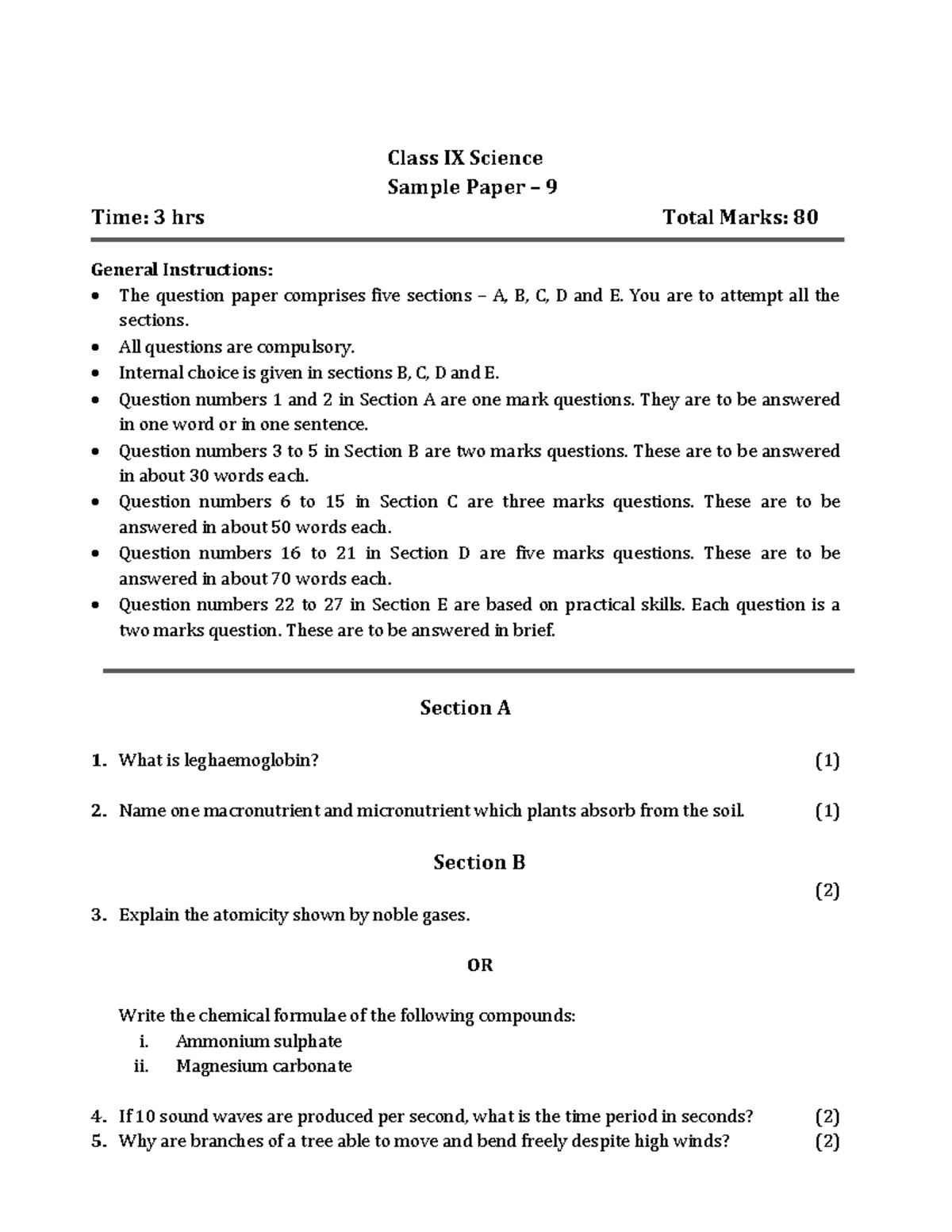 Sample Paper – 9 - Class IX Science Sample Paper – 9 Time: 3 hrs Total ...