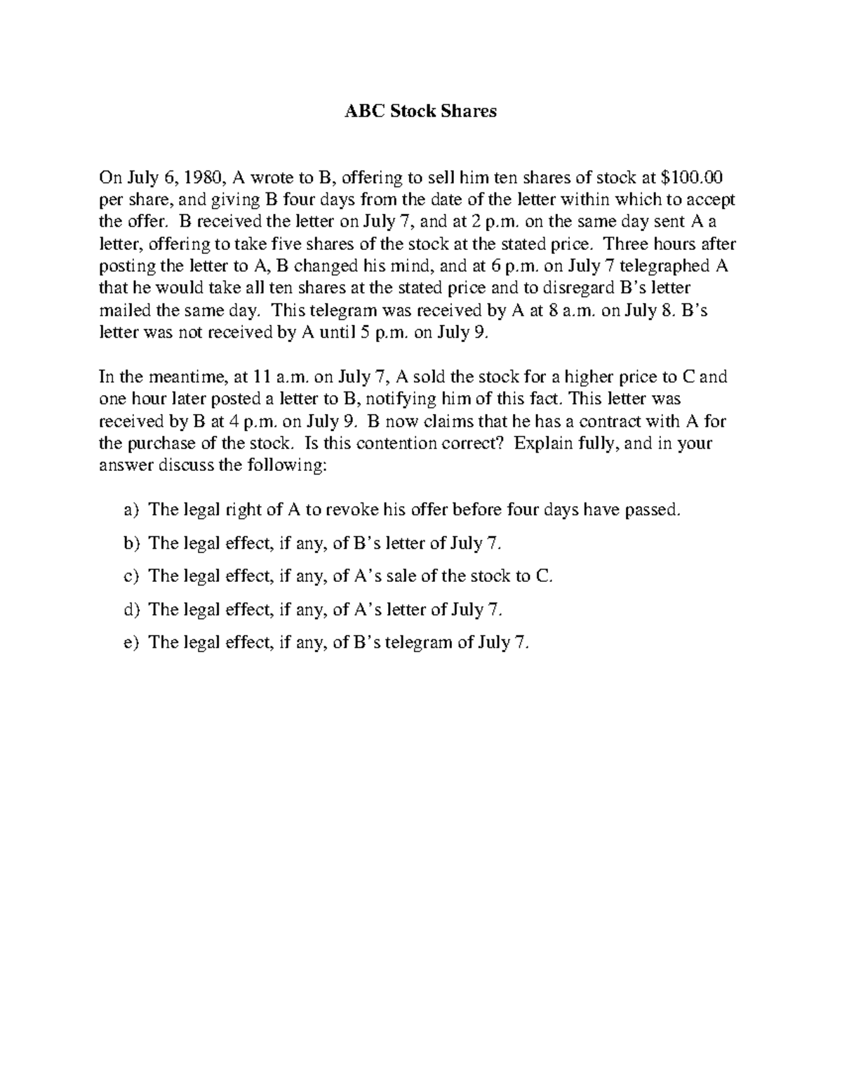 ABC Stock Shares - B Law - ABC Stock Shares On July 6, 1980, A Wrote To ...