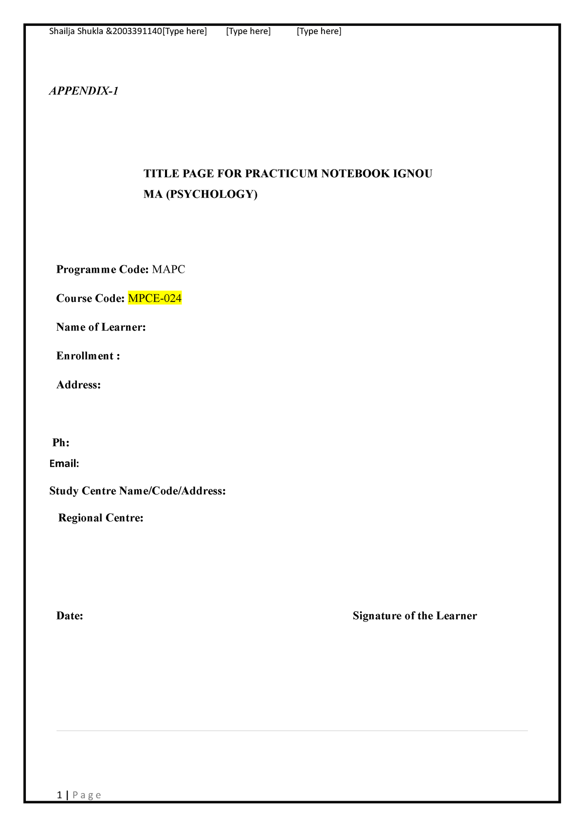 MPCE 024 Counselling APPENDIX TITLE PAGE FOR PRACTICUM NOTEBOOK   Thumb 1200 1698 