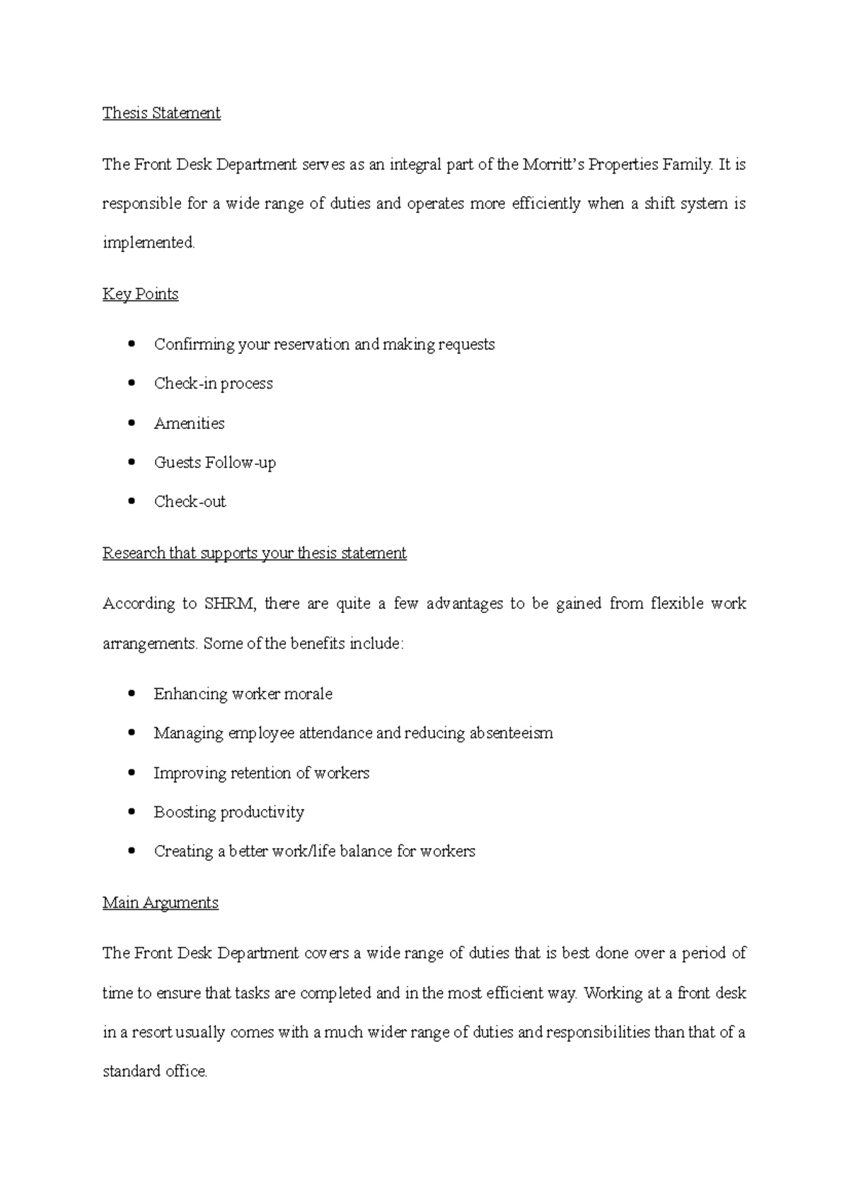 Written Assignment Unit 5 Thesis Statement The Front Desk Department serves as an integral