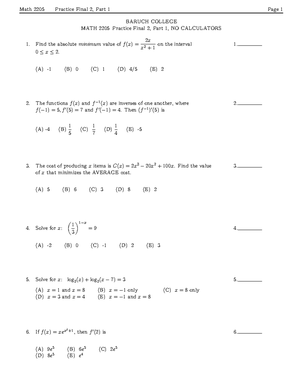 2205New Practice 2 179 BARUCH COLLEGE MATH 2205 Practice Final 2