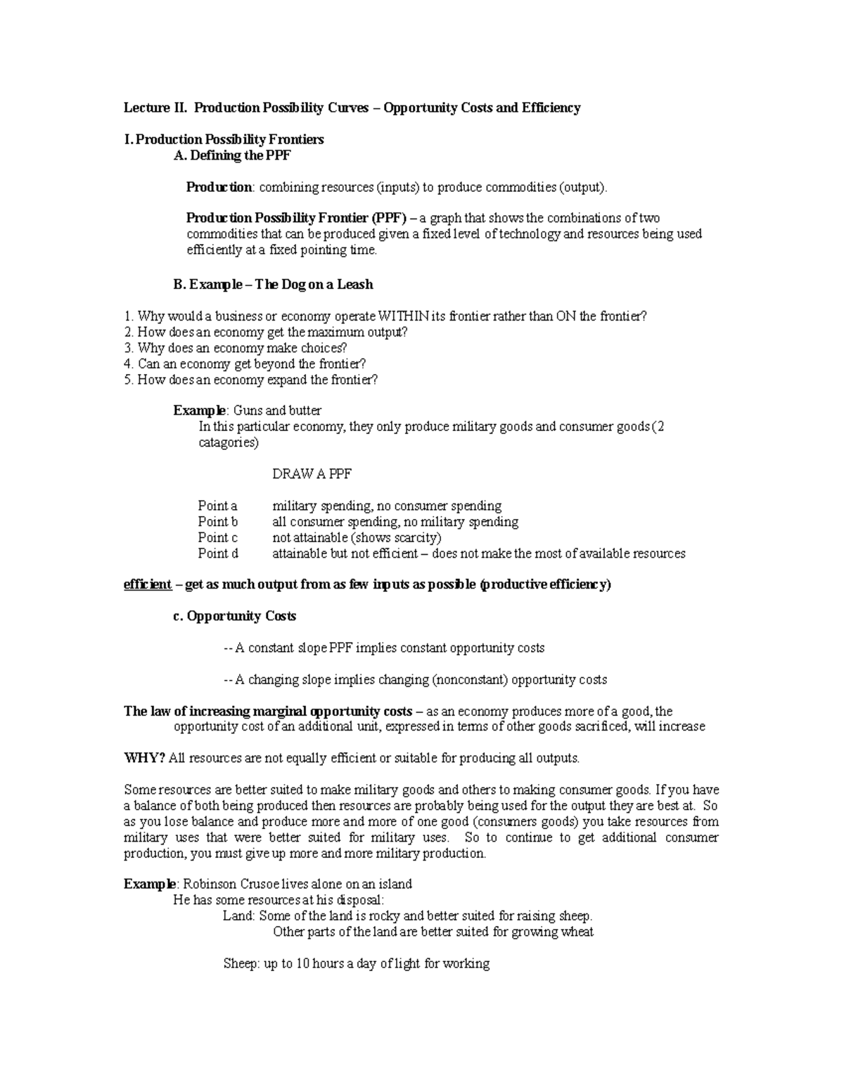 Lecture 2 ppf - Lecture II. Production Possibility Curves – Opportunity ...