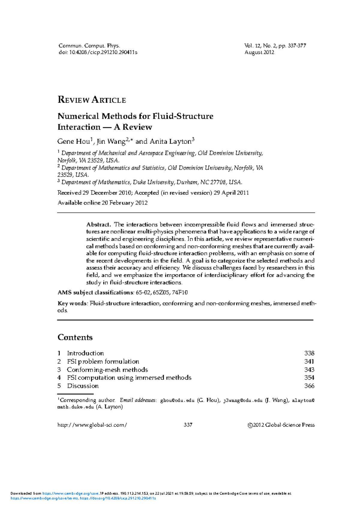 Numerical methods for fluid structure interaction a review - Commun ...