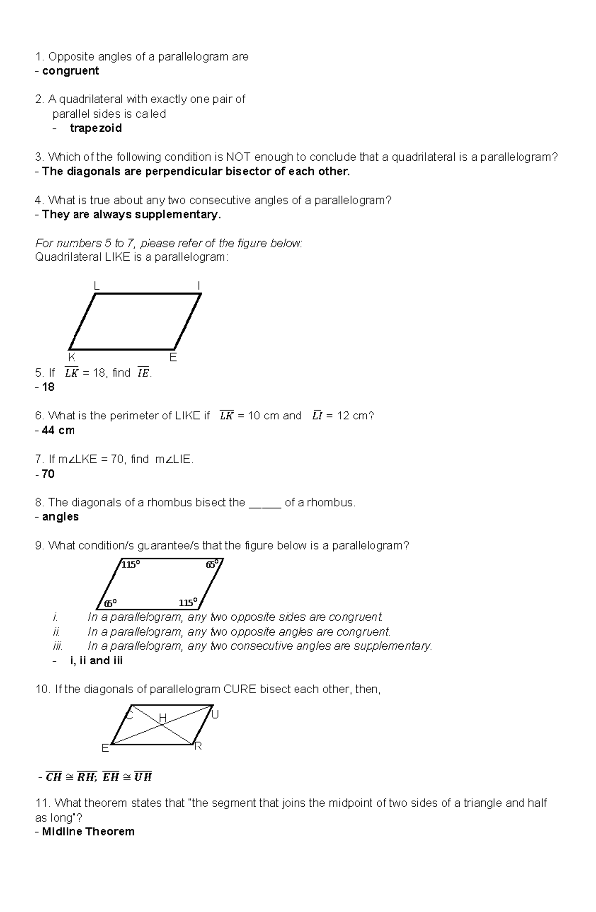 MATH-9 Reviewer - Opposite angles of a parallelogram are congruent A ...