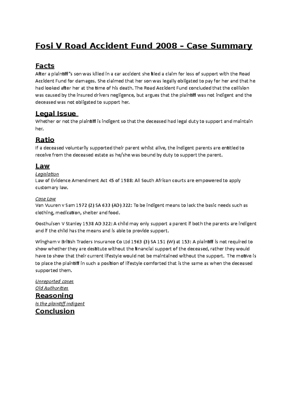 Fosi V Road Accident Fund 2008 She claimed that her son was legally