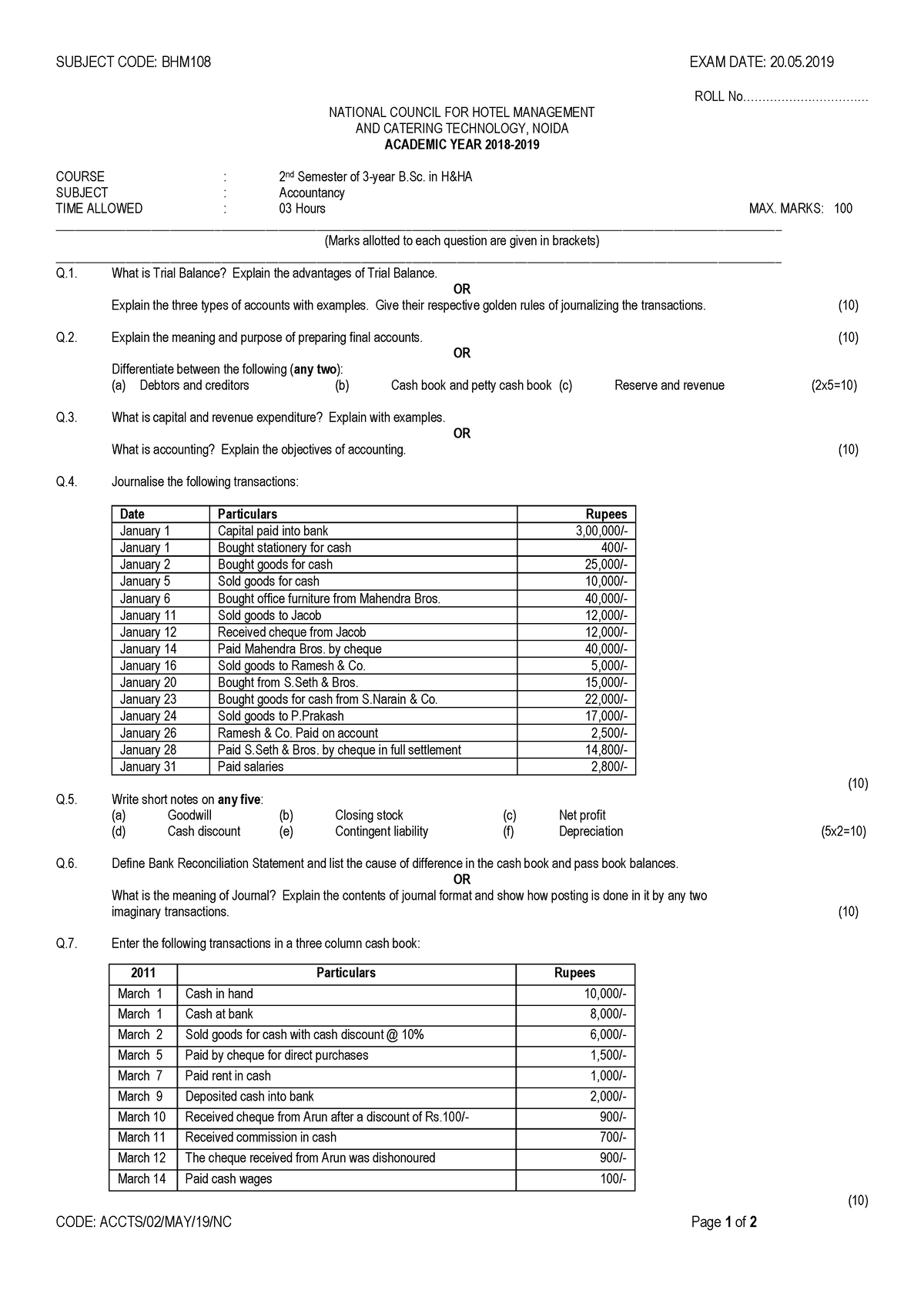 Acts SEM II 1 - question - SUBJECT CODE: BHM108 EXAM DATE: 20. CODE ...