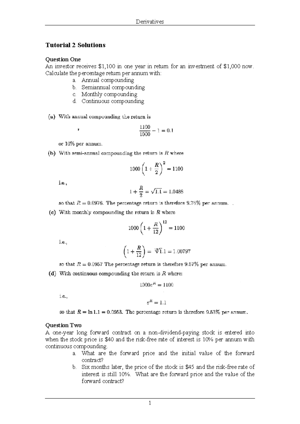 Tutorial 2 Solutions - no - Derivatives Tutorial 2 Solutions Question ...