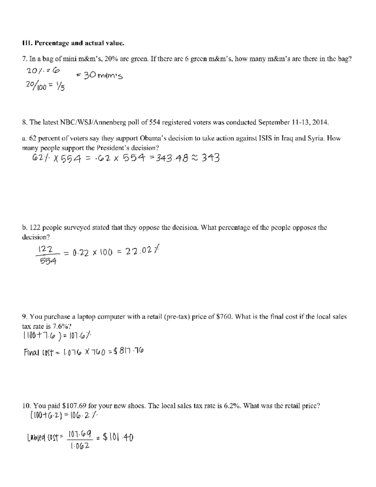 percentage and value worksheet - MATH 1001 - Studocu