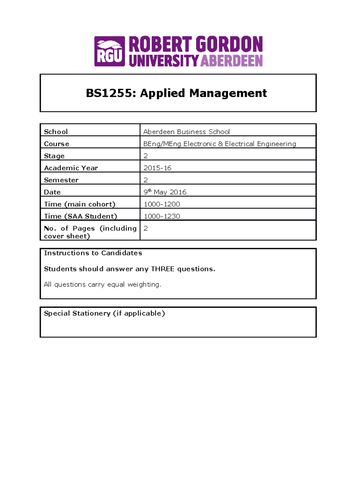 Applied Management EXAM - BS1255: Applied Management School Aberdeen ...