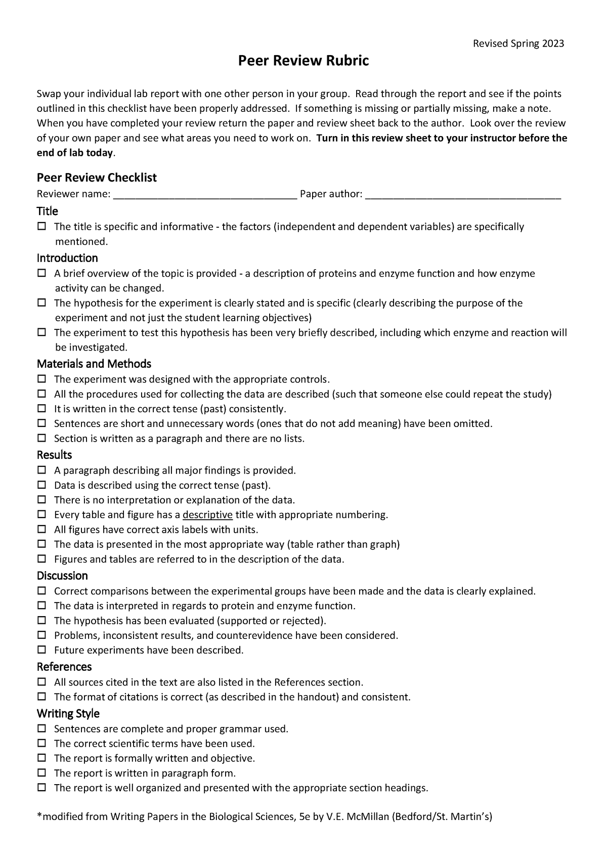 Scientific Writing Peer Review Checklist S23 - Revised Spring 2023 ...