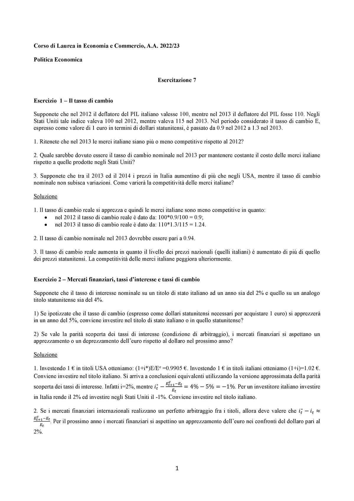 Esercitazione 7 - Corso Di Laurea In Economia E Commercio, A. 2022 ...