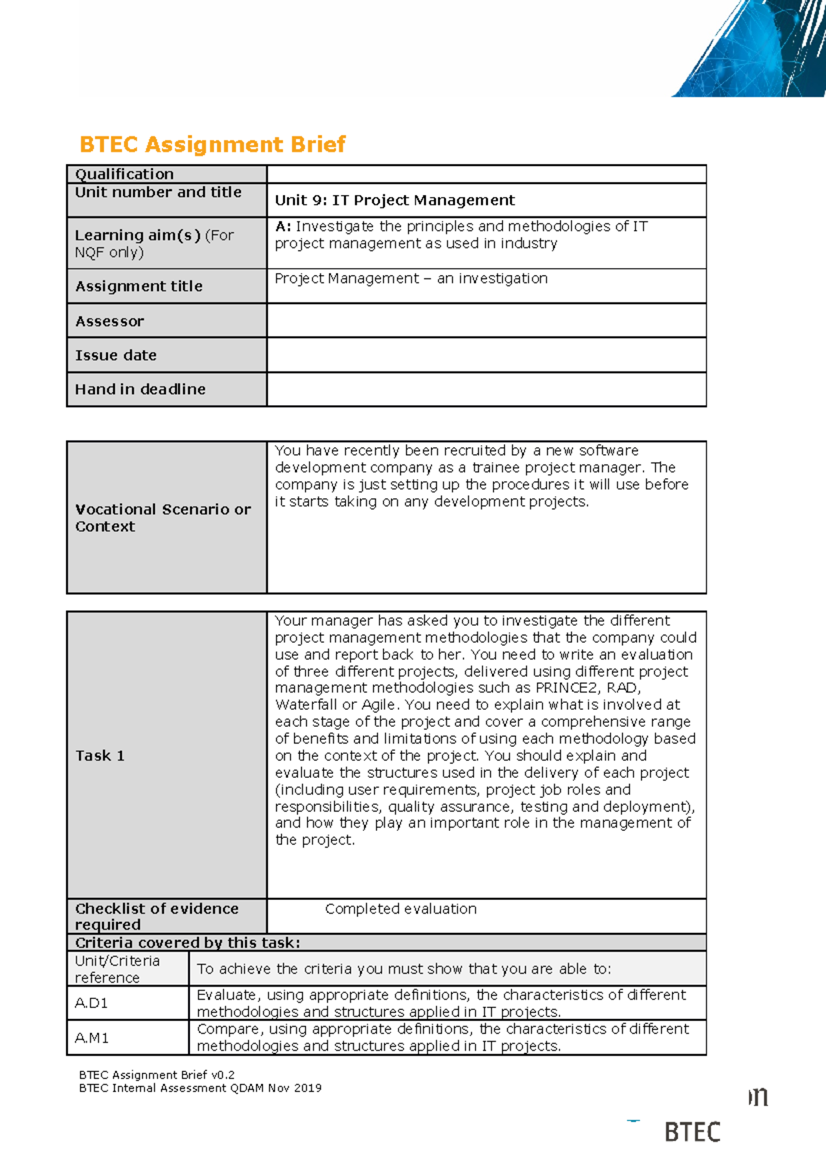 unit 9 it project management assignment 1