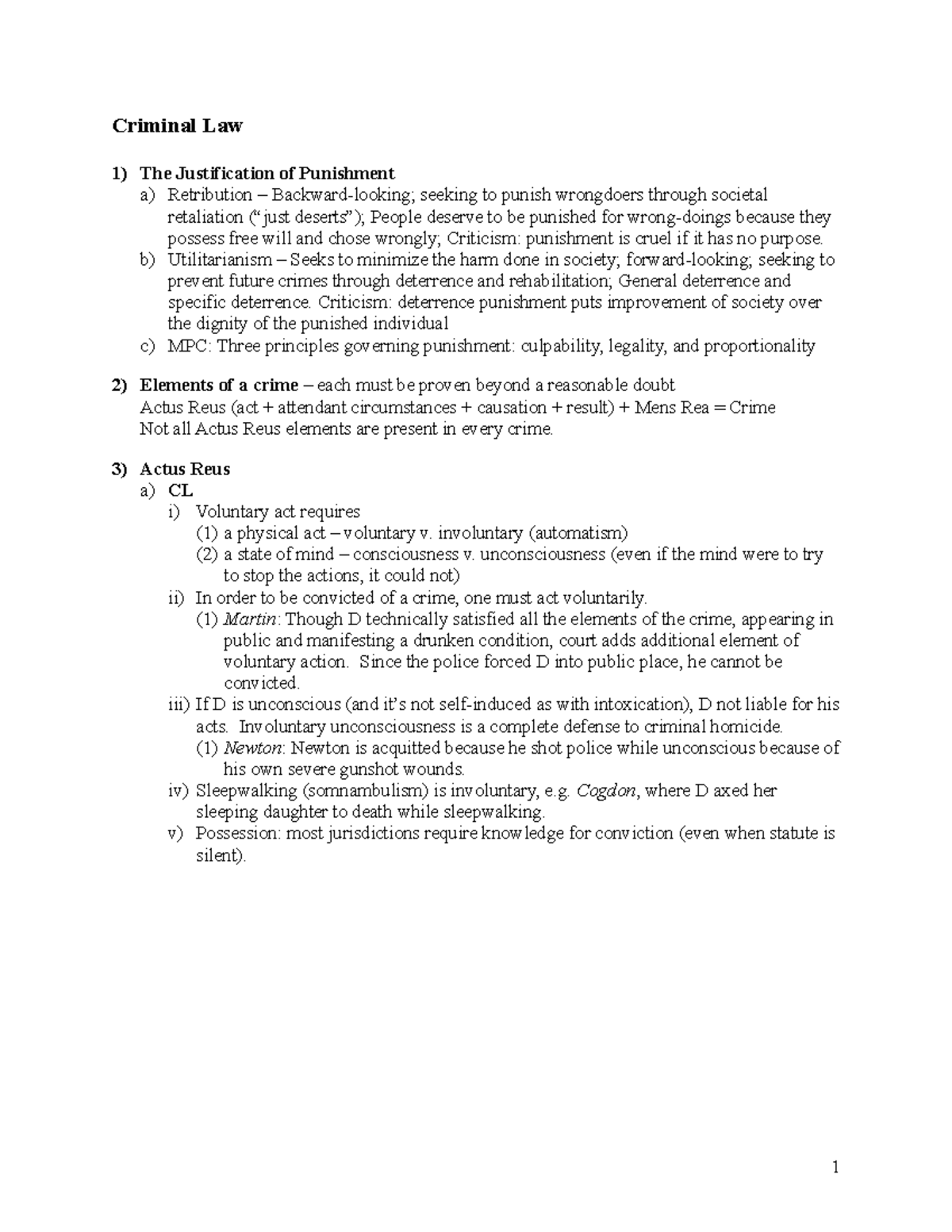 Criminal Law Outline 2 - Criminal Law The Justification Of Punishment A ...