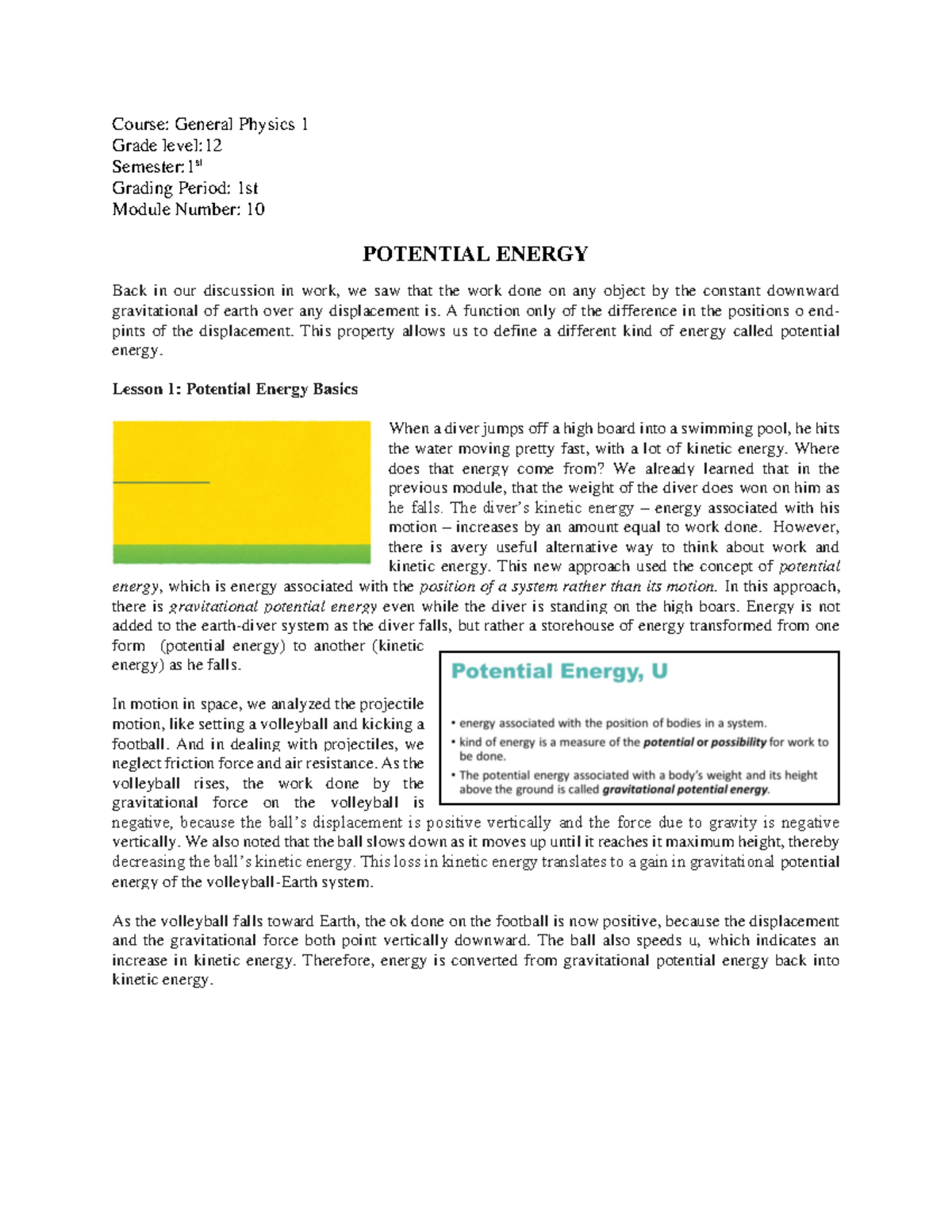 GP1 Module 10 Potential Energy - Course: General Physics 1 Grade level ...