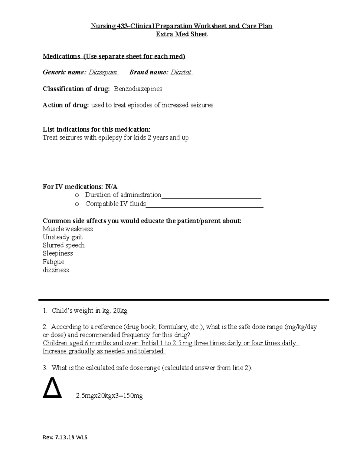 433 Clinical Med Sheet 1 - Nursing 433-Clinical Preparation Worksheet ...