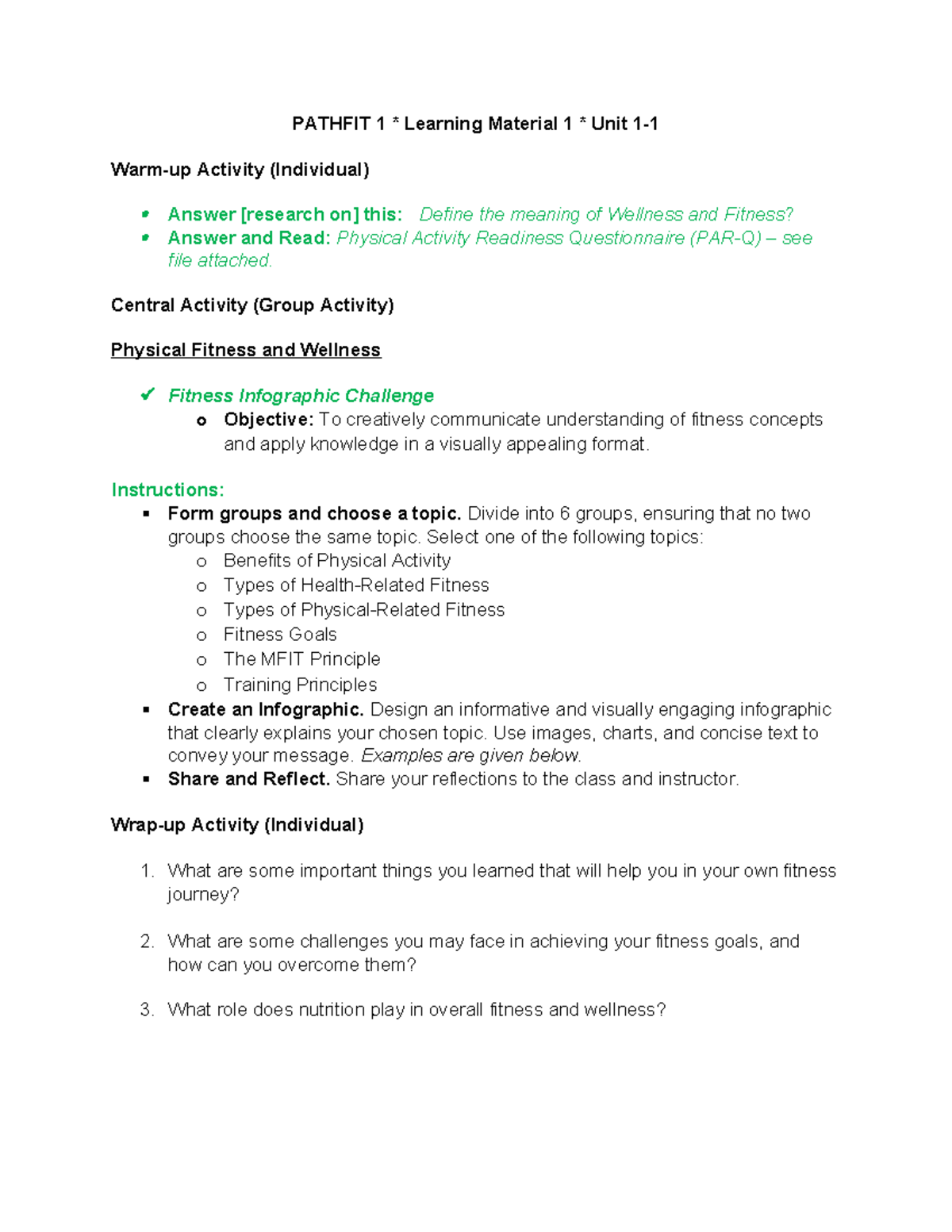 Pathfit 1 Lm 1 Unit 1 1 Physical Fitness Pathfit 1 Learning