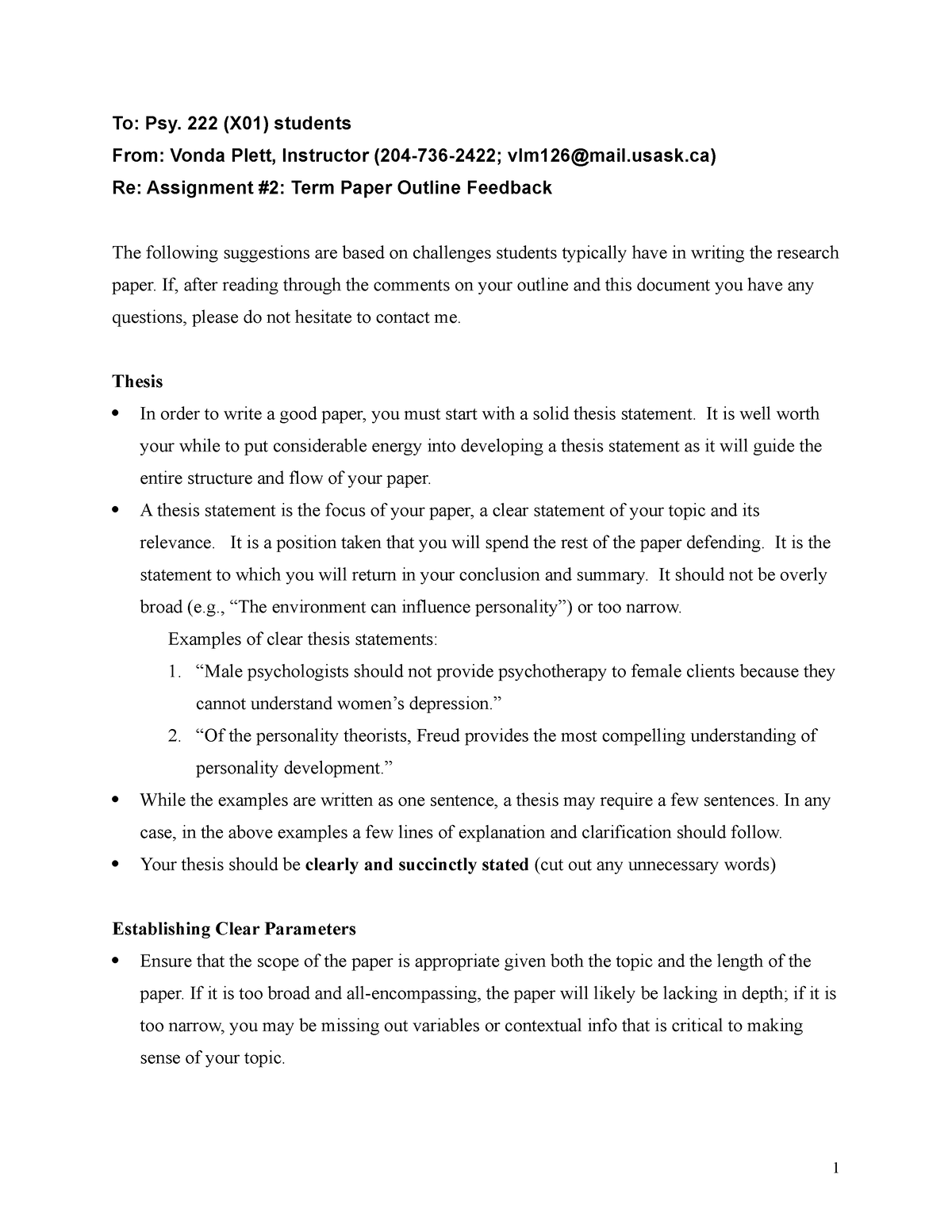 An outline feedback sheet - To: Psy. 222 (X01) students From: Vonda ...