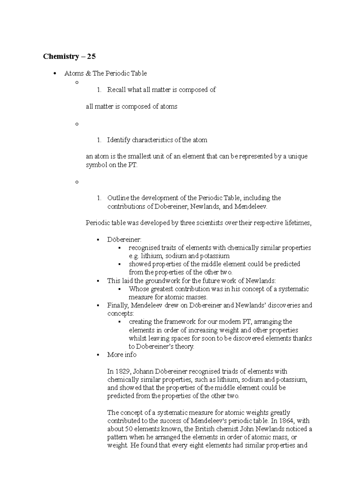 Doc1 - Chemistry year 10 notes - Chemistry – 25 Atoms & The Periodic ...