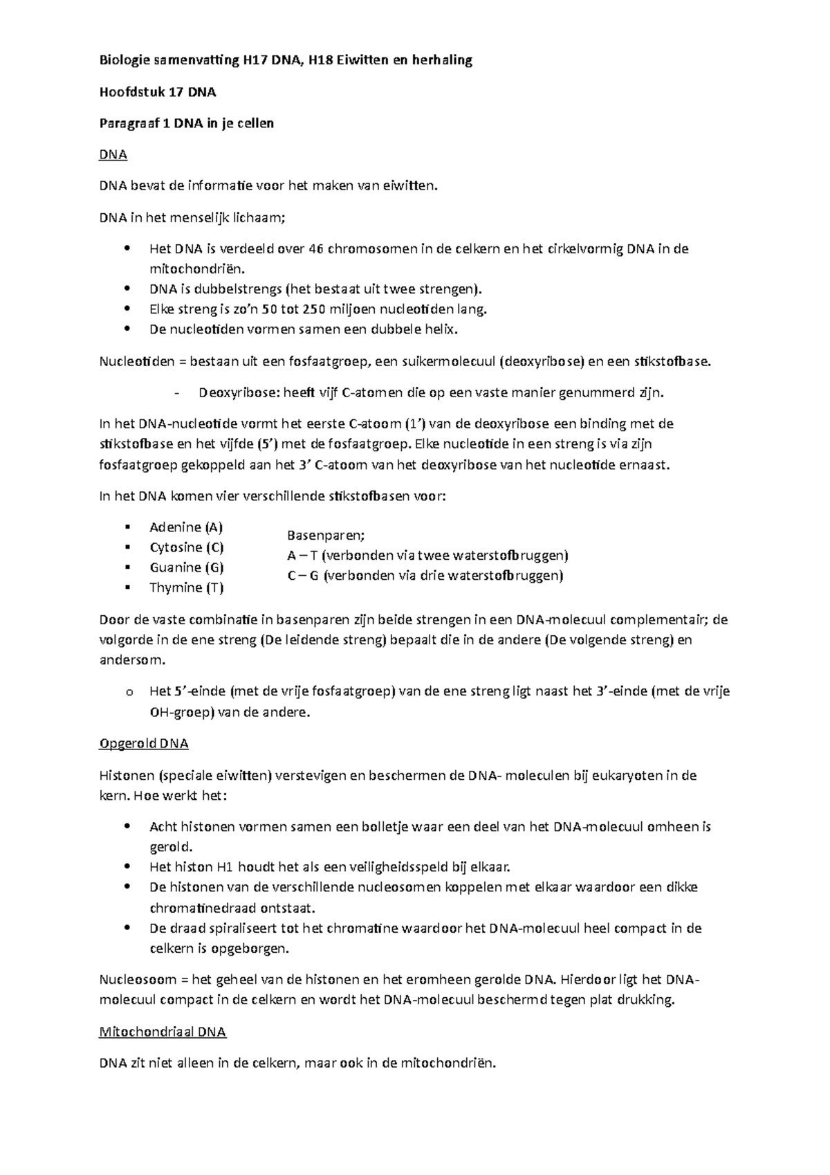 Biologie Samenvatting H Dna H Eiwitten En Herhaling Dna In Het Menselijk Lichaam Het Dna