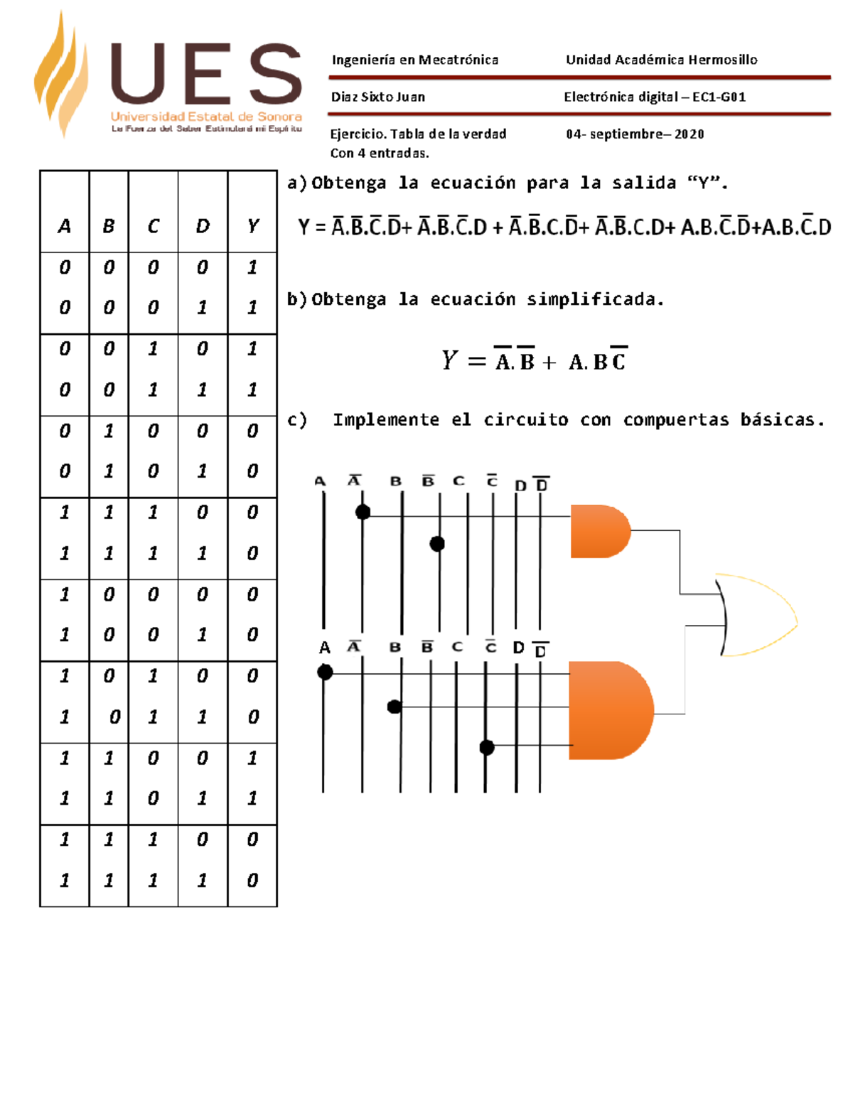 Tabla de verdad con 4 entradas Ingeniería en Mecatrónica Unidad
