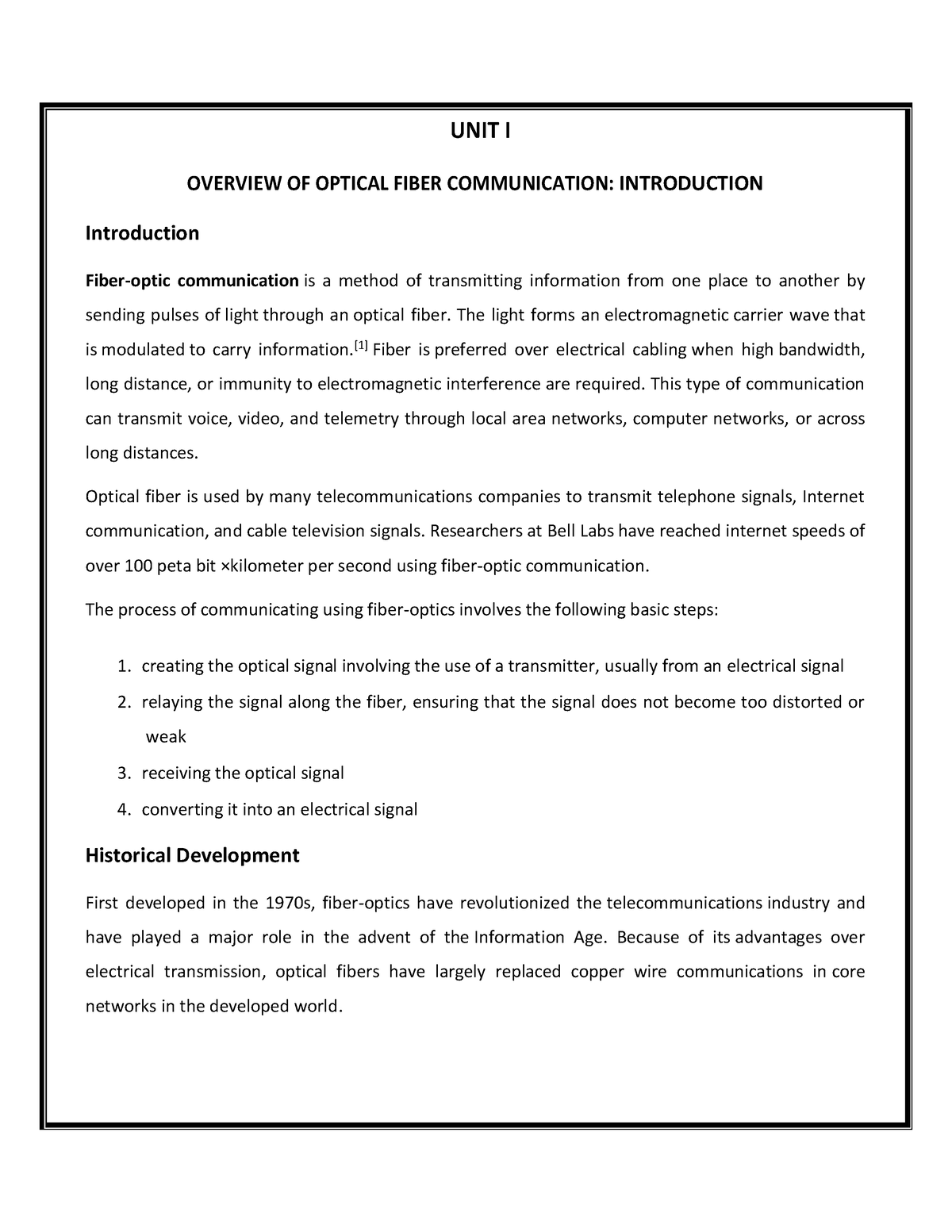 Unit 1 - UNIT I OVERVIEW OF OPTICAL FIBER COMMUNICATION: INTRODUCTION ...