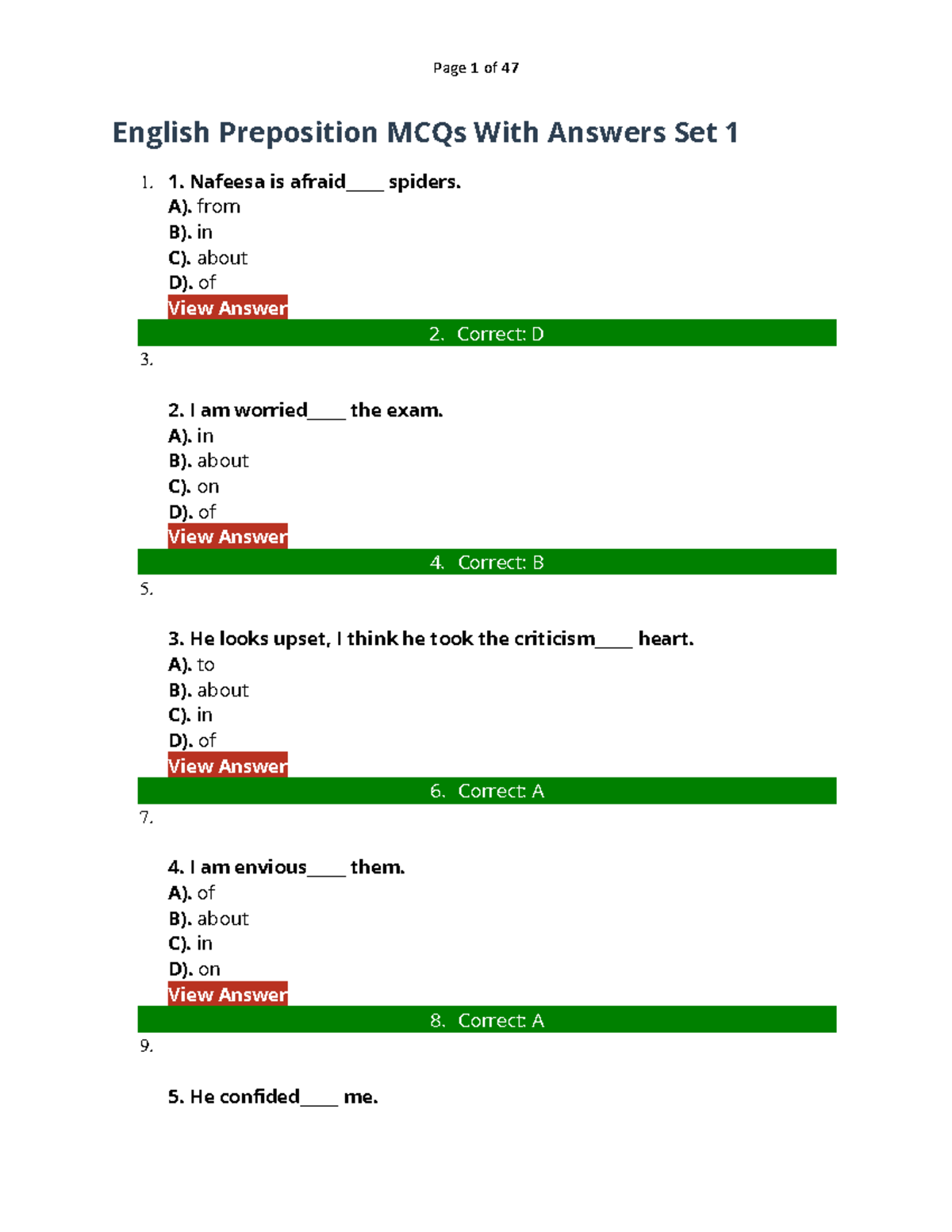 English Grammar mcqs Set 2 - English Preposition MCQs With Answers Set ...