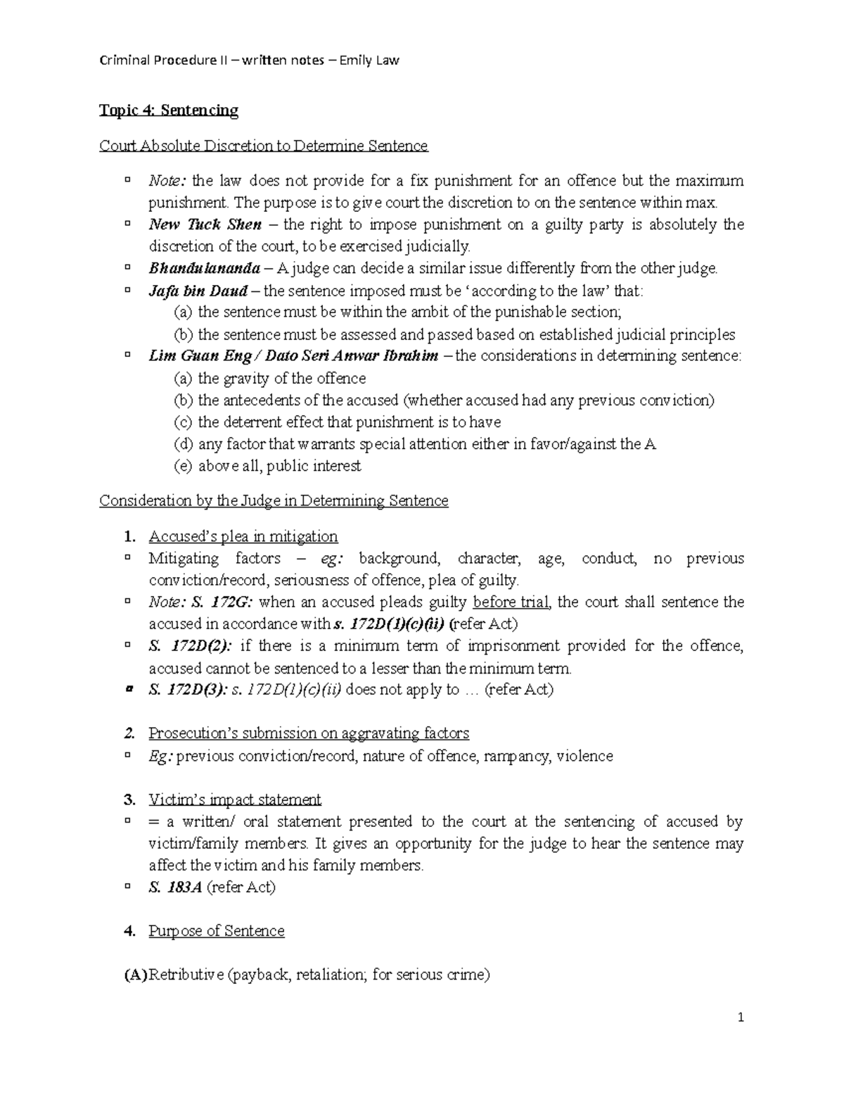 Written Notes Topic 4 Topic 4 Sentencing Court Absolute Discretion