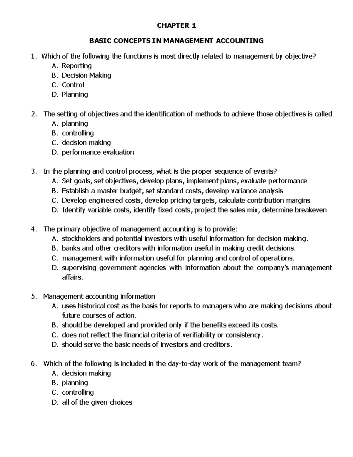 Practice Questions - CHAPTER 1 BASIC CONCEPTS IN MANAGEMENT ACCOUNTING ...