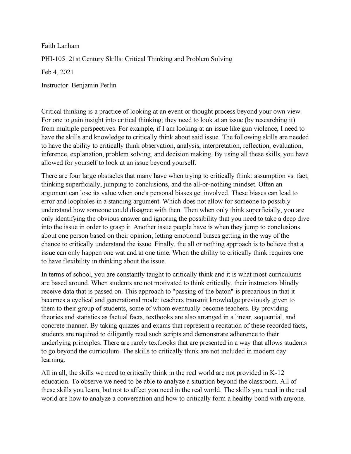 critical thinking reflection essay phi 105
