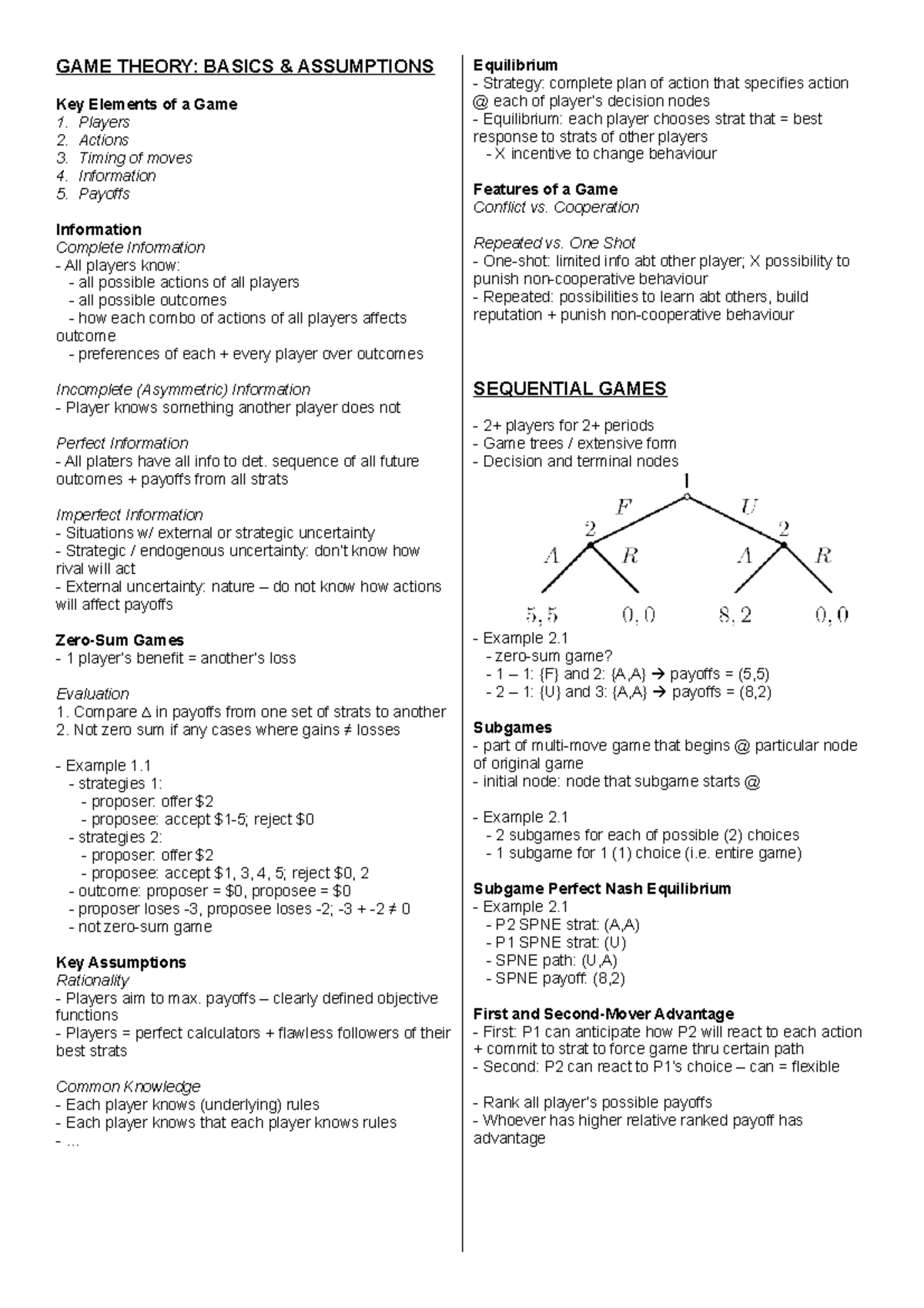 ECON20005 - Summary of Lecture Notes - ####### GAME THEORY: BASICS ...