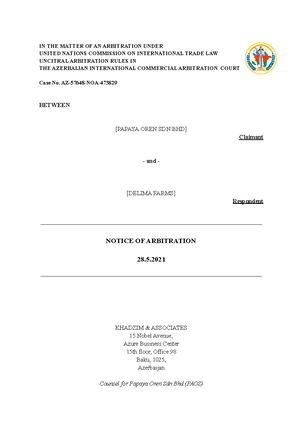 Sample- Notice-of-Arbitration - NOTICE OF ARBITRATION UNDER THE ...