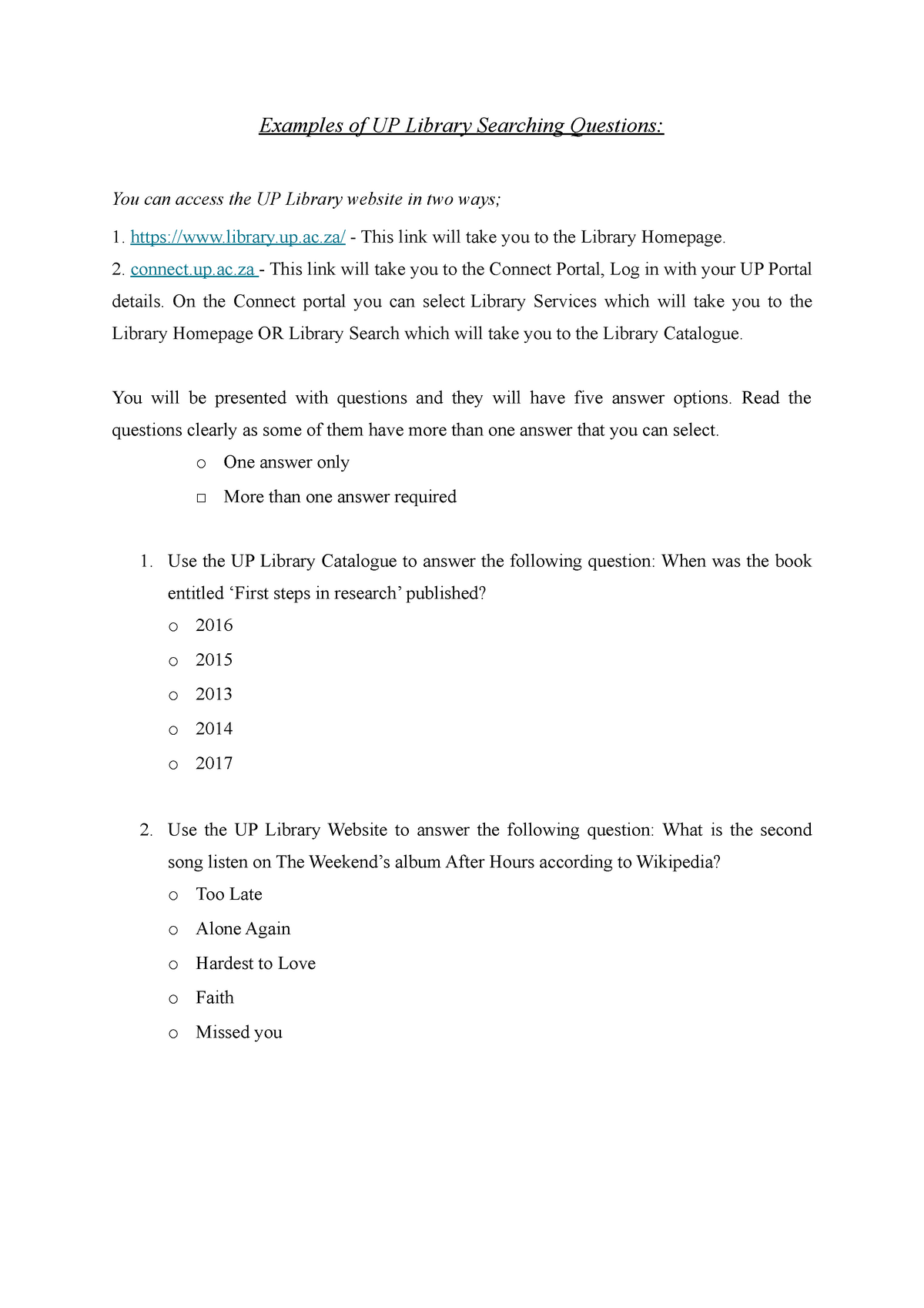 Semester Test Example Questions Examples Of UP Library Searching 