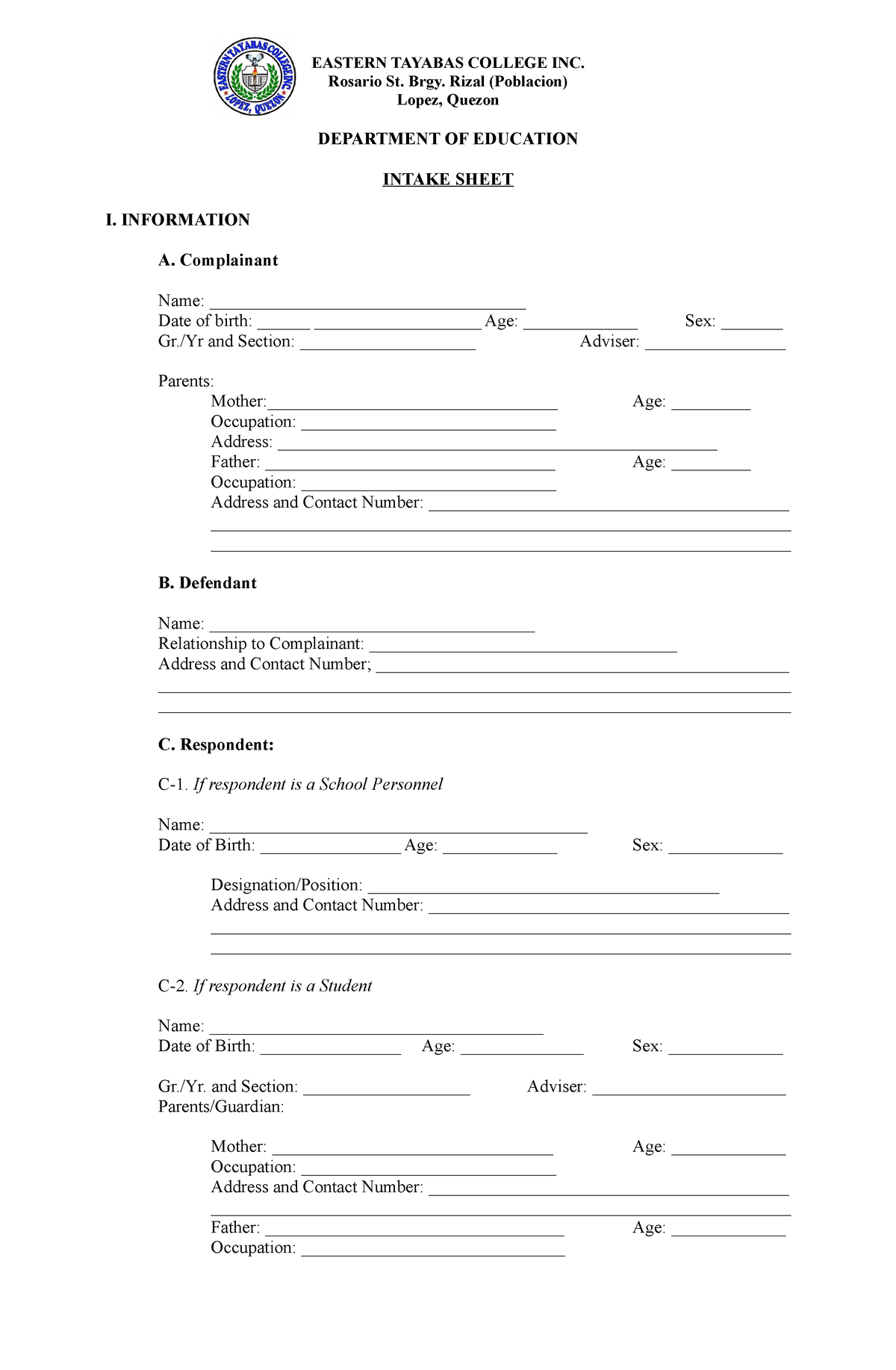 Intake Sheet Deped Form Fill Out And Sign Printable P 7120