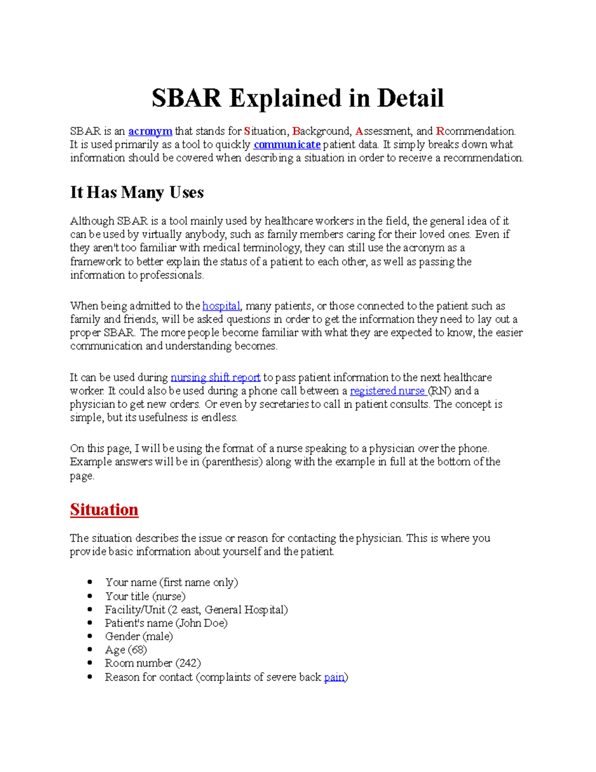 SBAR Explained in Detail - It is used primarily as a tool to quickly ...