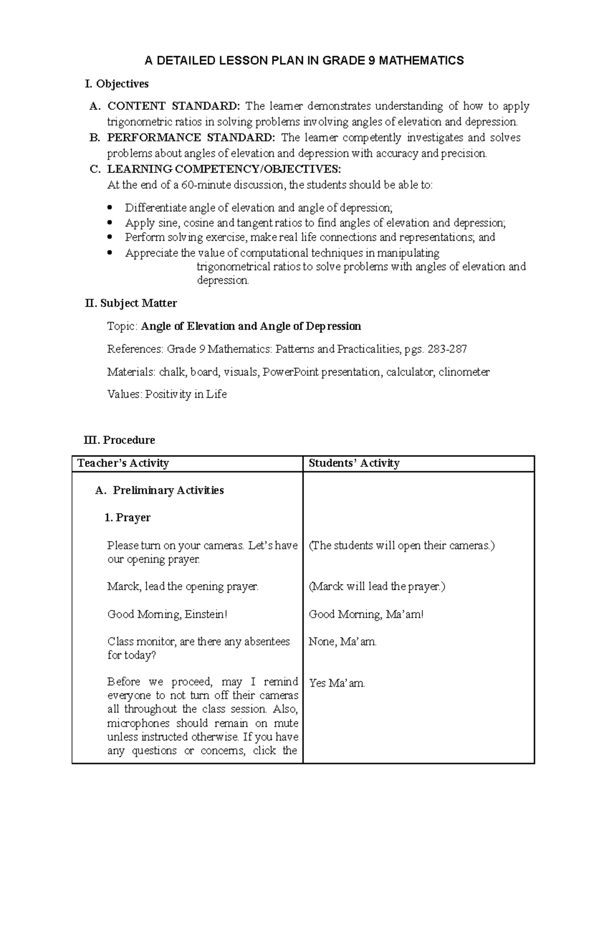 Angle of Elevation - A DETAILED LESSON PLAN IN GRADE 9 MATHEMATICS I ...