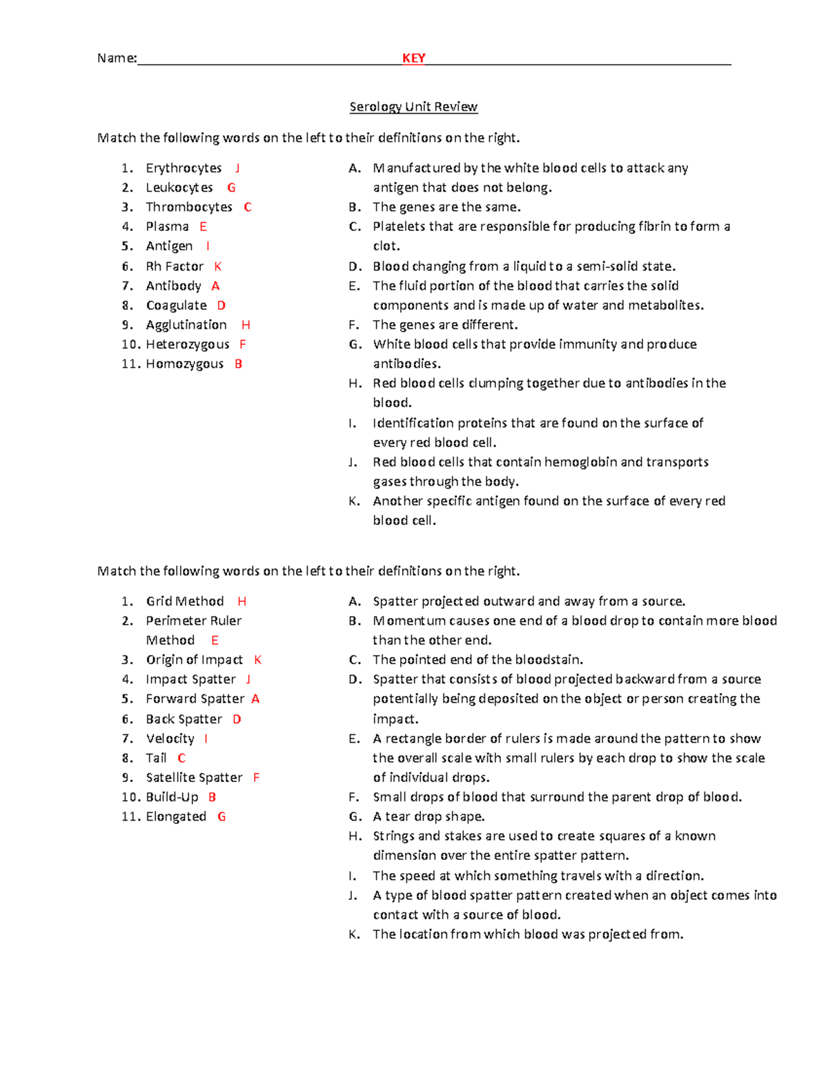 Serology unit review key 2016 - Name: KEY Serology Unit Review Match ...