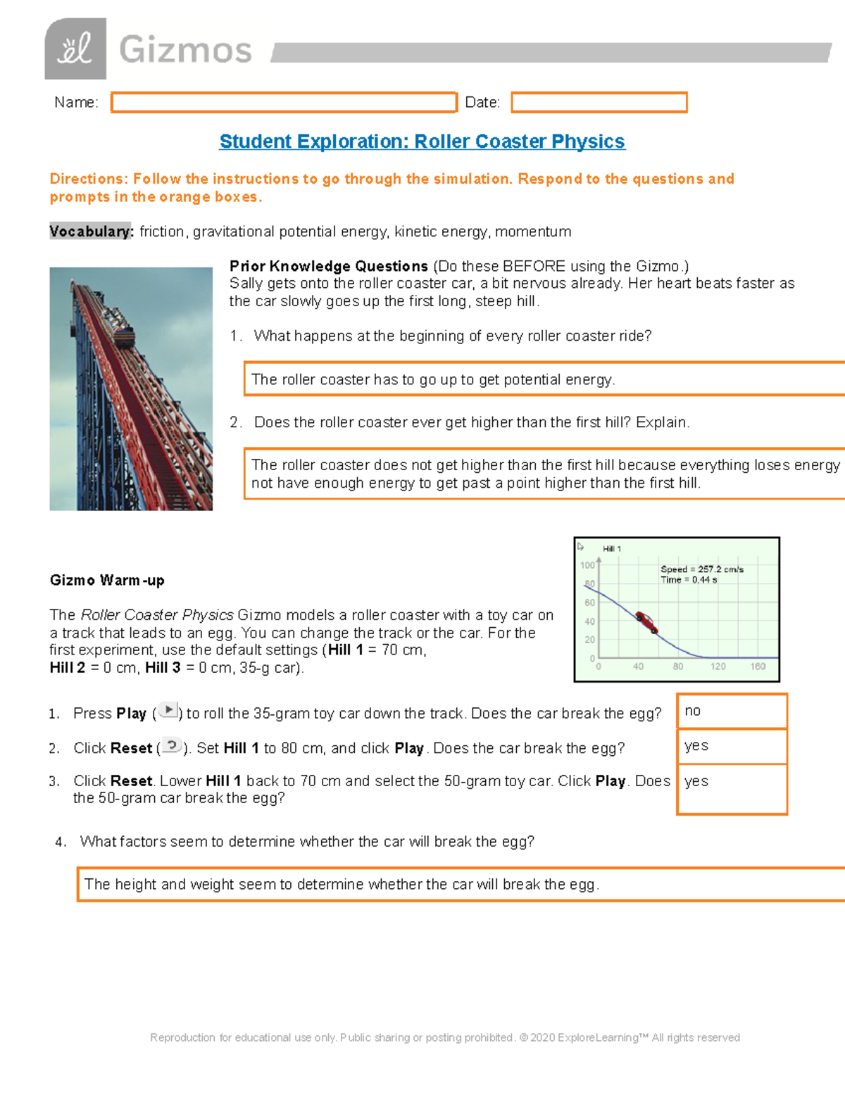 Rollar Coaster Gizmo - Name: Date: Student Exploration: Roller Coaster ...